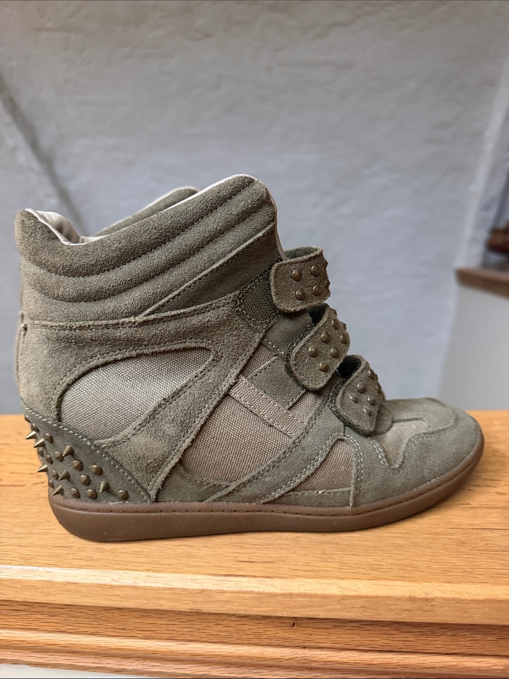 Skechers Olive Suede Wedge Sneaker with Stud Accents